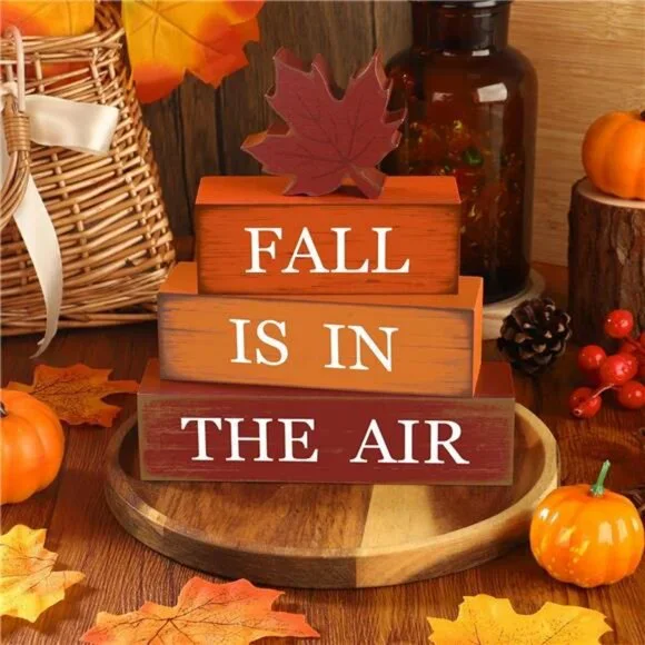 4 PCS Fall Maple Leaf Wooden Table Block Sign Thanksgiving Wood Tiered Tray - Picture 2 of 8